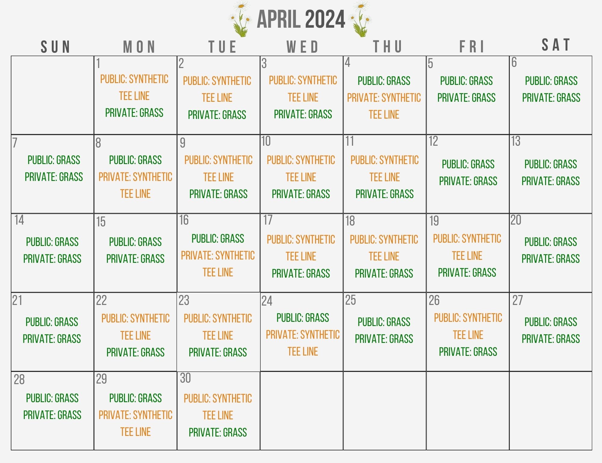 April Driving Range Rotation Schedule